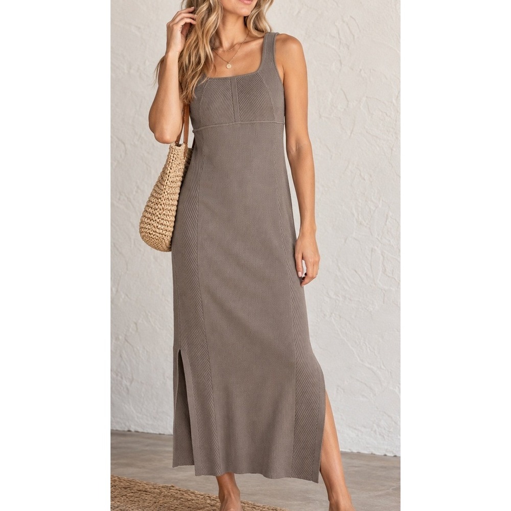 Athleta x Alicia Keys Ribbed Knit Maxi Dress Brown Square Neck Slit Size L